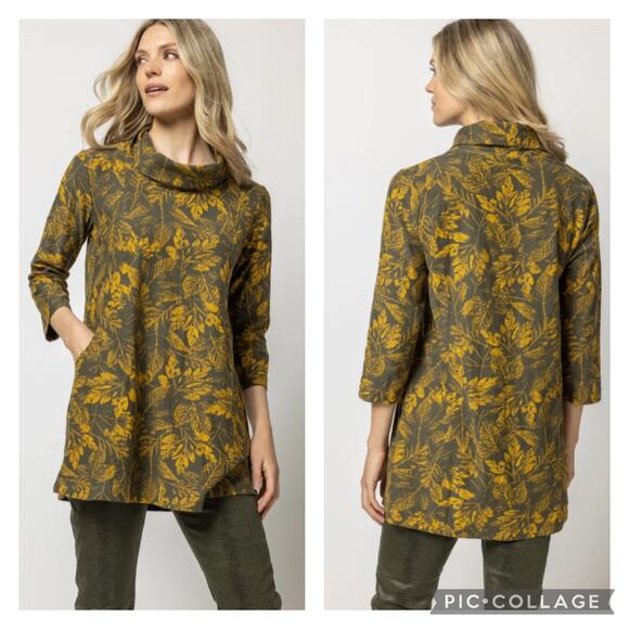 Komil Tops - Komil Salvia Print Cowl Neck Tunic Top Cotton Lagenlook Gray Yellow Size Medium